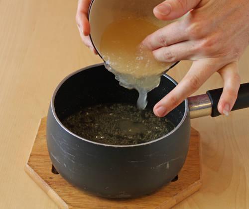 Once it reaches the correct temperature, remove the pan from the heat and add in the gelatin mixture.
