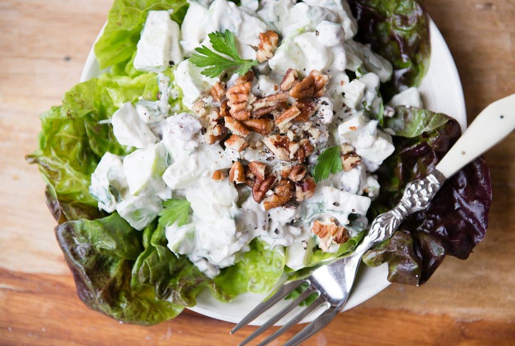SERVES 2 VEGAN WALDORF SALAD Invented back in the early 900s by a restaurant chef, Waldorf Salad has become a beloved classic. We ve ditched the mayo in favor of cashew cream.