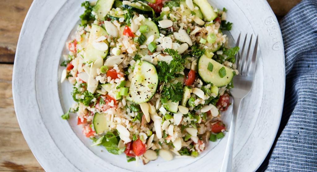 SERVES 2 WARM CAULIFLOWER Tabbouleh Salad This vibrant salad is our take on classic tabbouleh. Instead of bulgur, we re using riced cauliflower, one of our very favorite cleanse veggies.