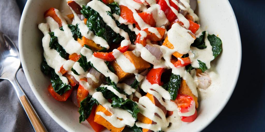 SERVES 2 ROASTED VEGGIE BOWL with Creamy Hemp Sauce Our testers all agreed - the hemp sauce makes this dish and brings roasted veggies to whole other level!