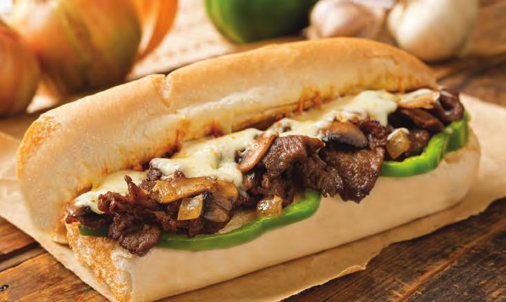 99 STEAK AND CHEESE MELT Grilled seasoned filet tips topped with grilled peppers and onions then topped with melted mozzarella on a gourmet hoagie bun 9.