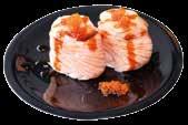 Marinated Mackerel on Sushi Rice Scallop Aburi Slightly torched Scallop on Sushi Rice Salmon carpaccio Salmon with a Mayo