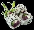 Uramaki An inside-out roll: Sushi rice on the outside of nori (seaweed) &