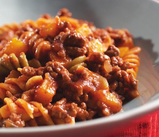 Doyng Doyng Pasta 2 cups small rotini pasta, uncooked 5 cups water 1 tablespoon olive oil ½ cup white onion, diced 1 tablespoon garlic, minced 1 pound lean ground beef (10% fat or less) 1 ½ cups