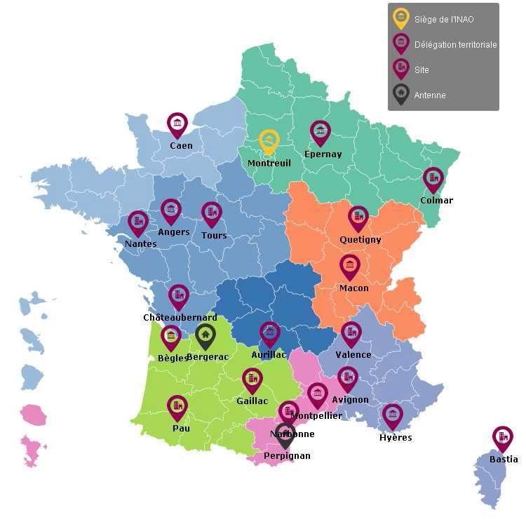 INAOs organization Organisation : 1 siège (Montreuil) + 8 délégations territoriales (19 sites) 260 agents (70 % en région ) : - techniciens, ingénieurs