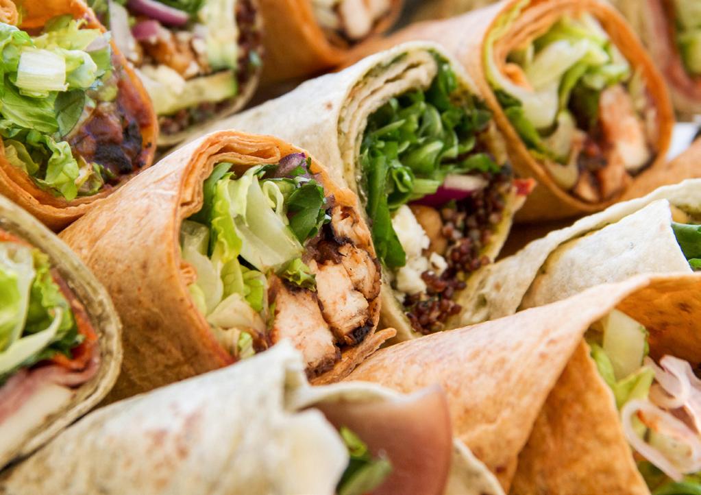 WRAP TRAY CHOICE OF UP TO 4 WRAP VARIETIES PER CATERING ORDER SMALL SOUTHWEST BBQ CHICKEN BBQ sauce, red onion, cilantro, chopped romaine, grilled chicken breast, chipotle tortilla, side of ranch