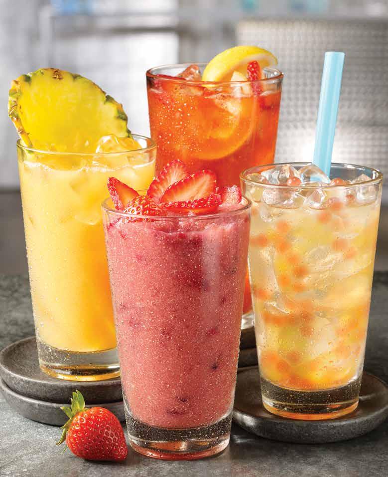 Paradise Punch, Strawberry Passion Tea, Triple Berry Smoothie & Poppin Boba Handcrafted & alcohol-free beverages made with fresh fruit, premium purées and natural flavors. JUICES TICKLED PINK cal.