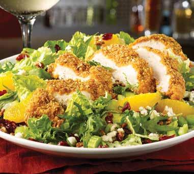 730 PECAN-CRUSTED CHICKEN SALAD cal. 1220 Warm, crispy pecan-crusted chicken breast, romaine and kale, celery, dried sweet cranberries, fresh orange slices, glazed pecans, blue cheese.