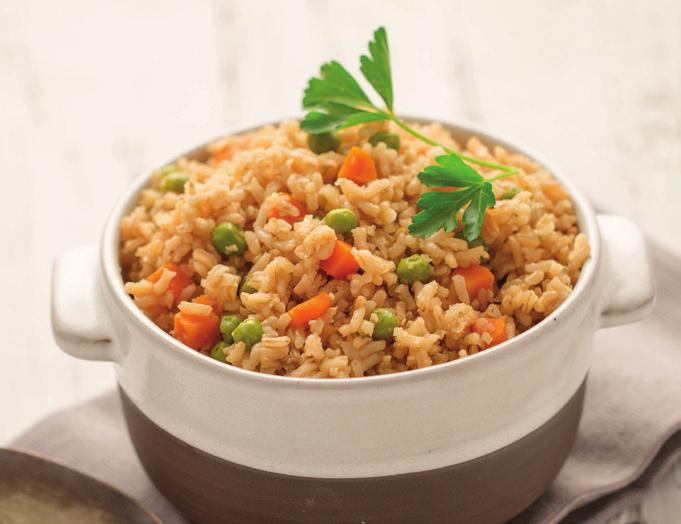 Rice with Peas & Carrots 3 cups reduced sodium beef broth 1½ tablespoons Garlic Garlic Seasoning 3 cups instant brown rice 1 cup frozen peas and carrots 1.