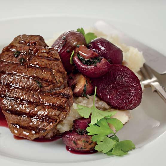 Seared Steaks with Mushroom & Beetroot in Red Wine Sauce Serves: 4 This dish works equally well as a summer barbeque idea, serve as a warm salad with bbq meat and some couscous.
