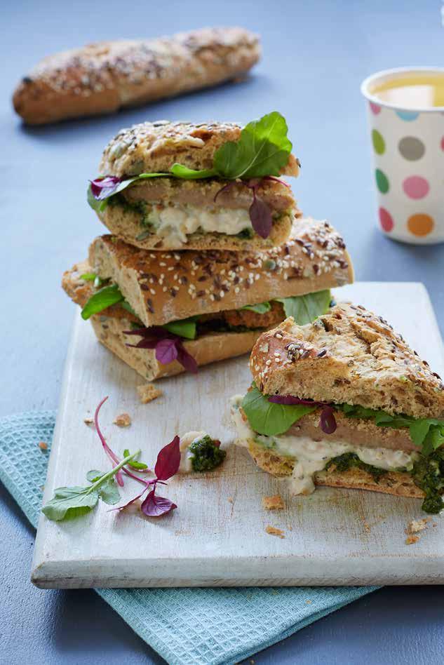Coriander Pesto Schnitzel sandwich Ingredients 1 box FRY S CRUMBED SCHNITZELS 2 wholewheat low GI baguettes, tips cut off and halved and opened 200g rocket 1x 410g tin cannellini beans 1 lemon,