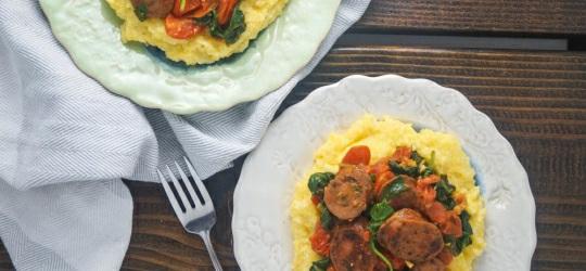Sausage, Spinach, and Polenta Bowl Prep Time: 5 Minutes Cook Time: 30 Minutes Total Time: 35 Minutes SERVINGS: 2 Serving Size: 1.