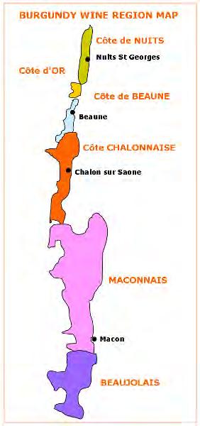 The Wine Regions of Burgundy Burgundy is divided into six main regions. They are: Chablis, the Côte d Or (Côte de Nuits and Côte de Beaune), the Côte Chalonnaise, the Mâconnais, and Beaujolais.