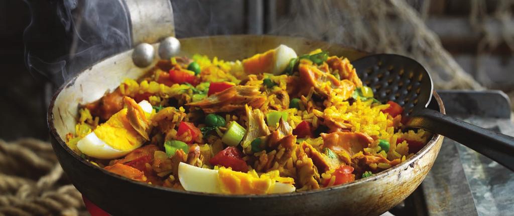 CLASSIC SMOKED MACKEREL KEDGEREE A FILLING AND DELICIOUS START TO THE DAY SERVES 2 BREAKFAST -1- In a large saucepan melt the butter with the olive oil and gently fry the chopped onion for 2-3