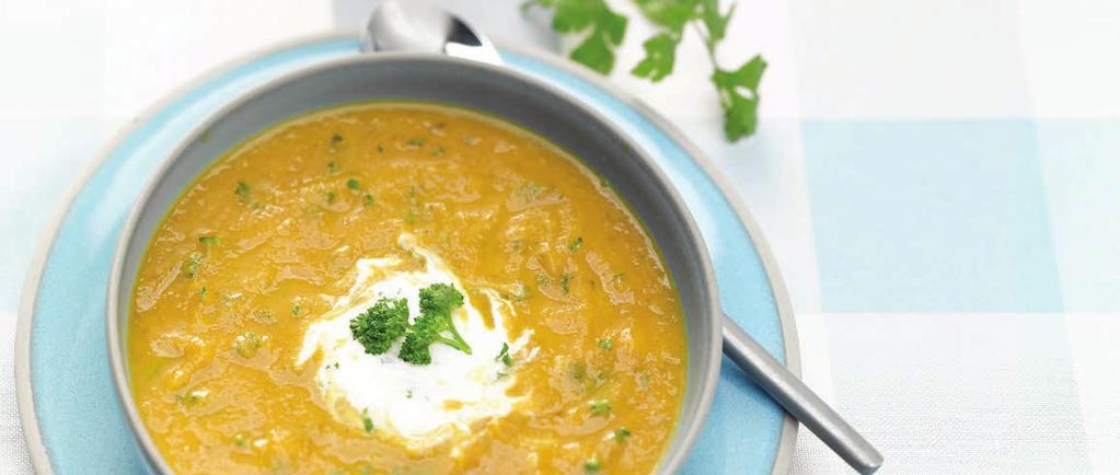 CARROT AND CORIANDER SOUP A WHOLESOME AND HEARTY DISH PERFECT FOR LUNCH SERVES 2 LUNCH -3- Heat the oil, add the garlic, onion, carrot, celery and tomatoes and cook for a few minutes until softened