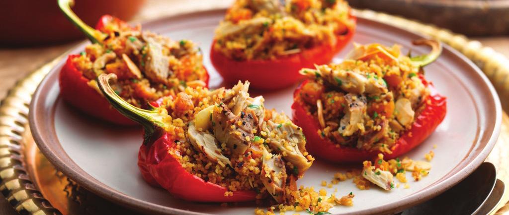 SPICY MOROCCAN STYLE MACKEREL STUFFED PEPPER RECIPE AN ADVENTUROUS RECIPE WITH AN EXOTIC FLAVOUR SERVES 2 DINNER -1- Preheat the oven to 200 degrees centigrade (Gas Mark 6) Place the peppers on a