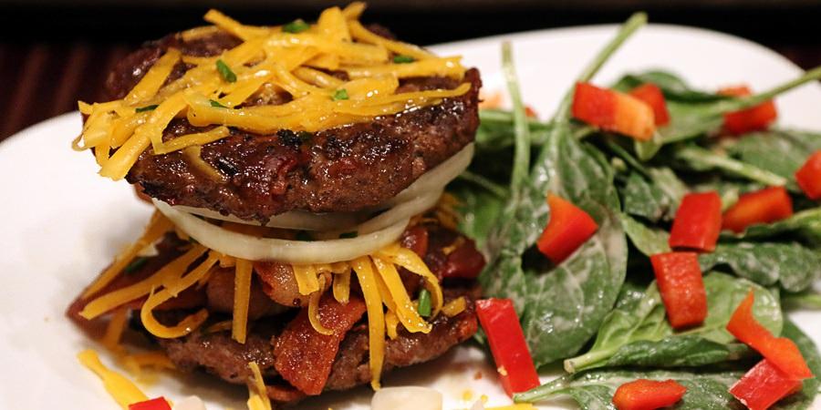Inside Out Bacon Burger Makes 1 Serving (3 patties). Per serving it will be 649 Calories, 51.8g Fats, 1.8g Net Carbs, and 43.5g Protein.
