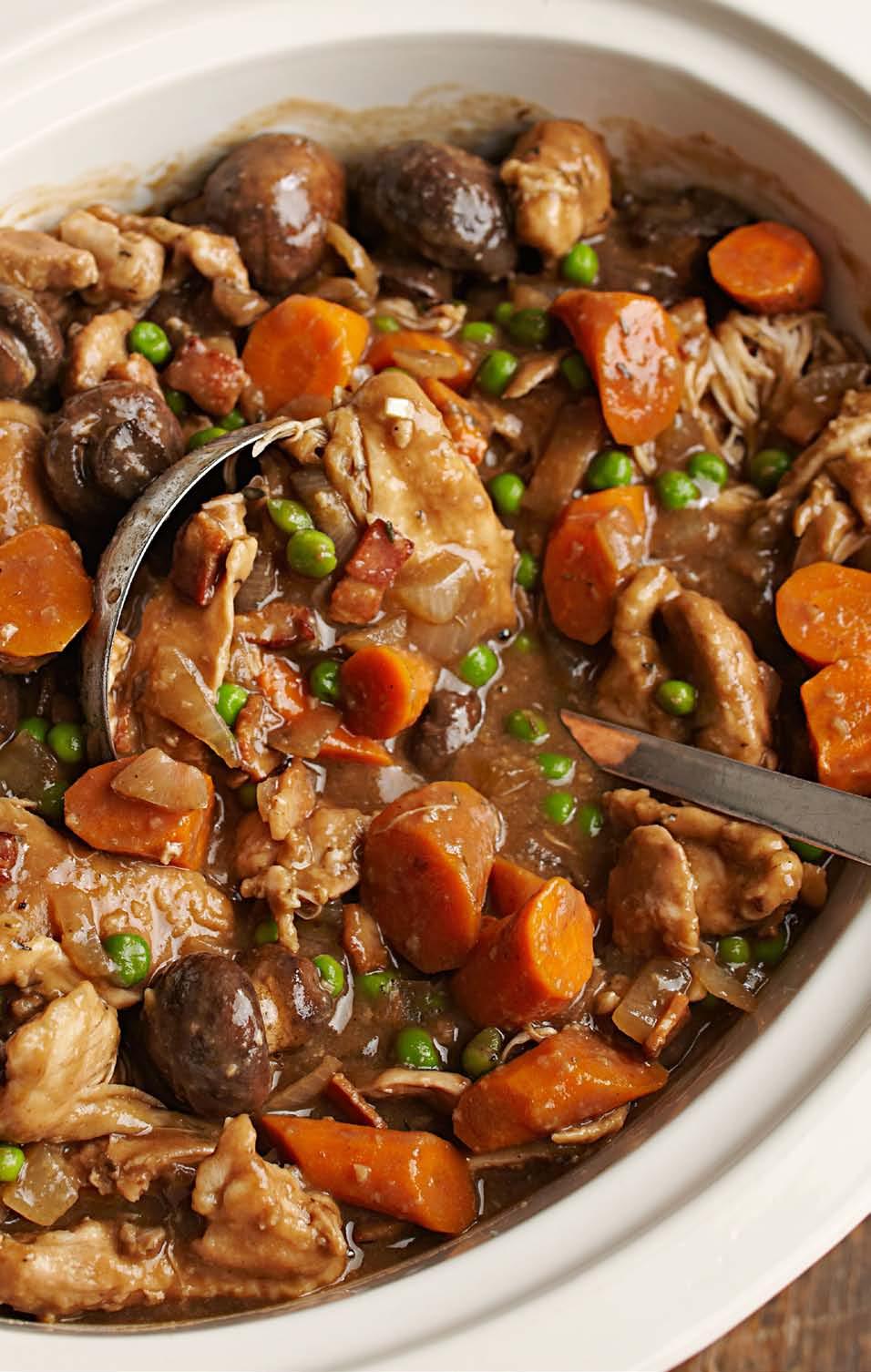 Slow-Cooker Stout & Chicken Stew Makes: 8 servings, about 11/3 cups each Active time: 45 minutes Slow-cooker time: 4-8 hours To prep ahead: Trim chicken, chop bacon; prep onion and garlic; defrost