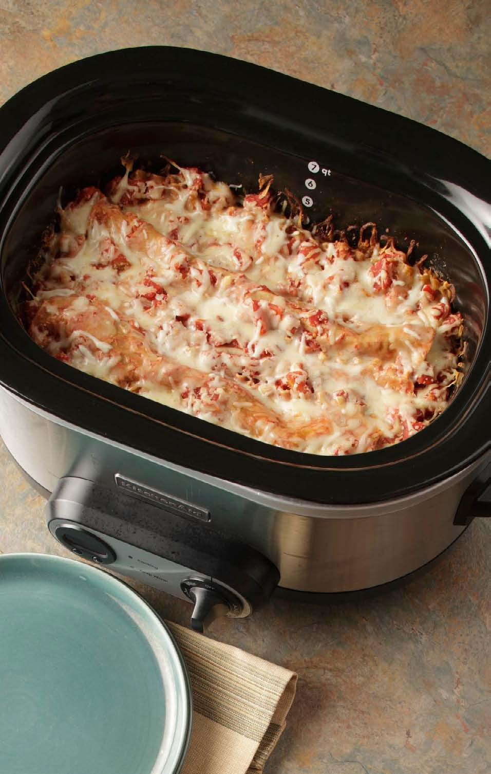 Slow-Cooker Vegetarian Lasagna Makes: 8 servings Active time: 30 minutes Slow-cooker time: 2 hours on High or 4 hours on Low Equipment: 6-quart (or larger) slow cooker Sure, the slow cooker s great
