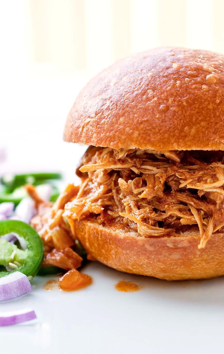 Barbecue Pulled Chicken Makes: 8 servings Active time: 25 minutes Total: 51/2 hours To make ahead: Cover and refrigerate for up to 3 days or freeze for up to 1 month.