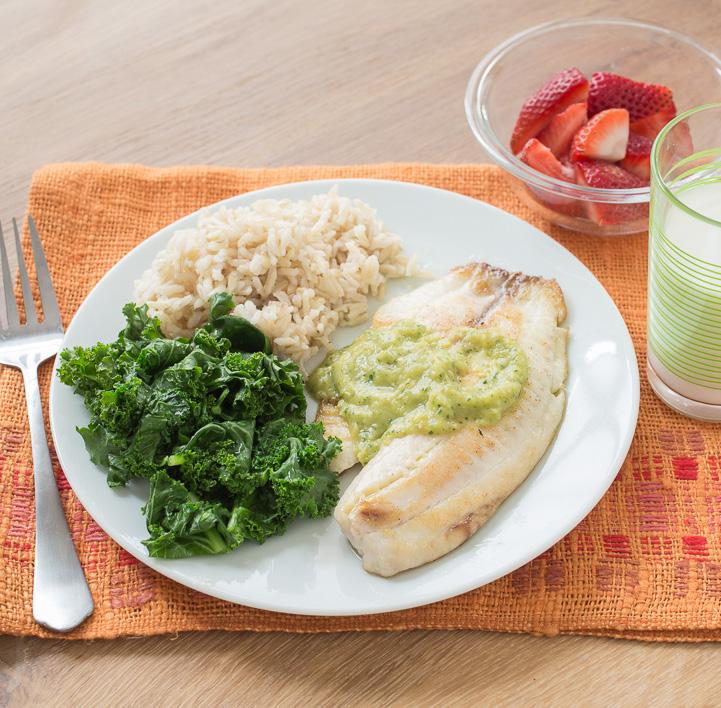 PAN ROASTED TILAPIA WITH TOMATILLO SALSA COOK TIME: 40 minutes MAKES: four 3- to 4-ounce servings INGREDIENTS: 1 pound tomatillos ½ cup yellow or red onion, finely chopped 2 Serrano or other chilies,