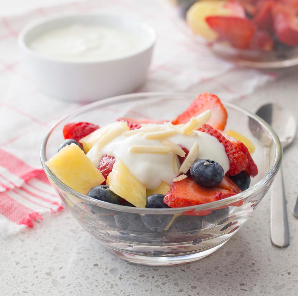 FRUIT SALAD WITH YOGURT TOTAL TIME: 25 minutes MAKES: four 1 cup servings INGREDIENTS: 2 cups sliced strawberries 1 cup blueberries, rinsed 1 cup pineapple chunks, canned or fresh 3 tablespoons of