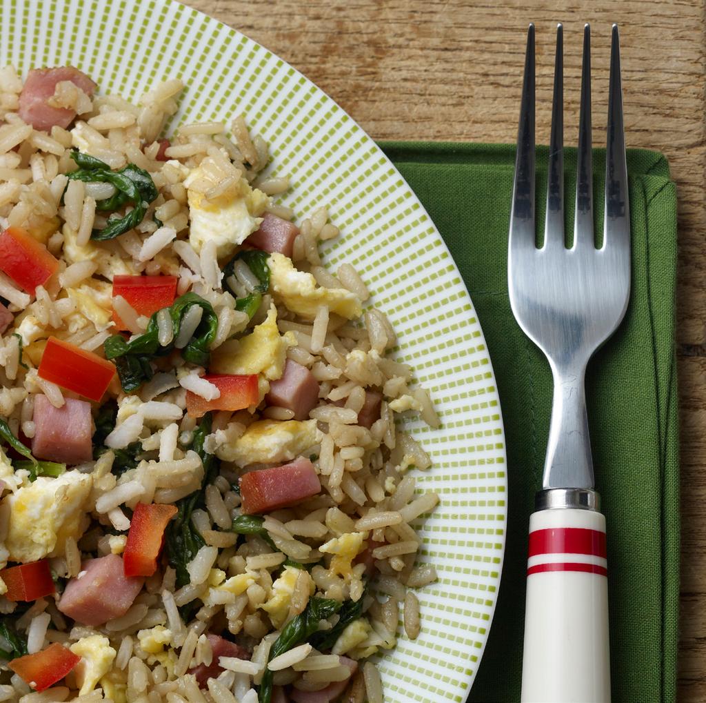 STIR-FRIED GREEN RICE, EGGS, AND TURKEY HAM COOK TIME: 1 hour and 20 minutes MAKES: six 1-cup servings INGREDIENTS: 1¾ cups brown rice, long-grain, regular, dry ⅓ tsp salt ¾ cup frozen chopped