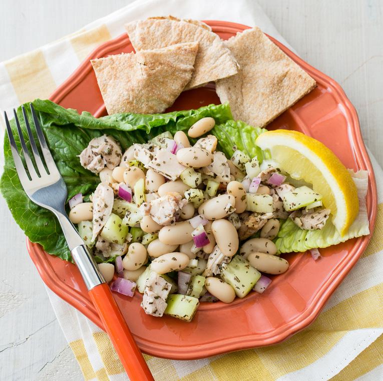 MEDITERRANEAN CHICKEN AND WHITE BEAN SALAD TOTAL TIME: 20 minutes MAKES: 4 servings INGREDIENTS: 1 cup cooked chicken thighs, skinless, diced into ½-inch pieces 1 (15.