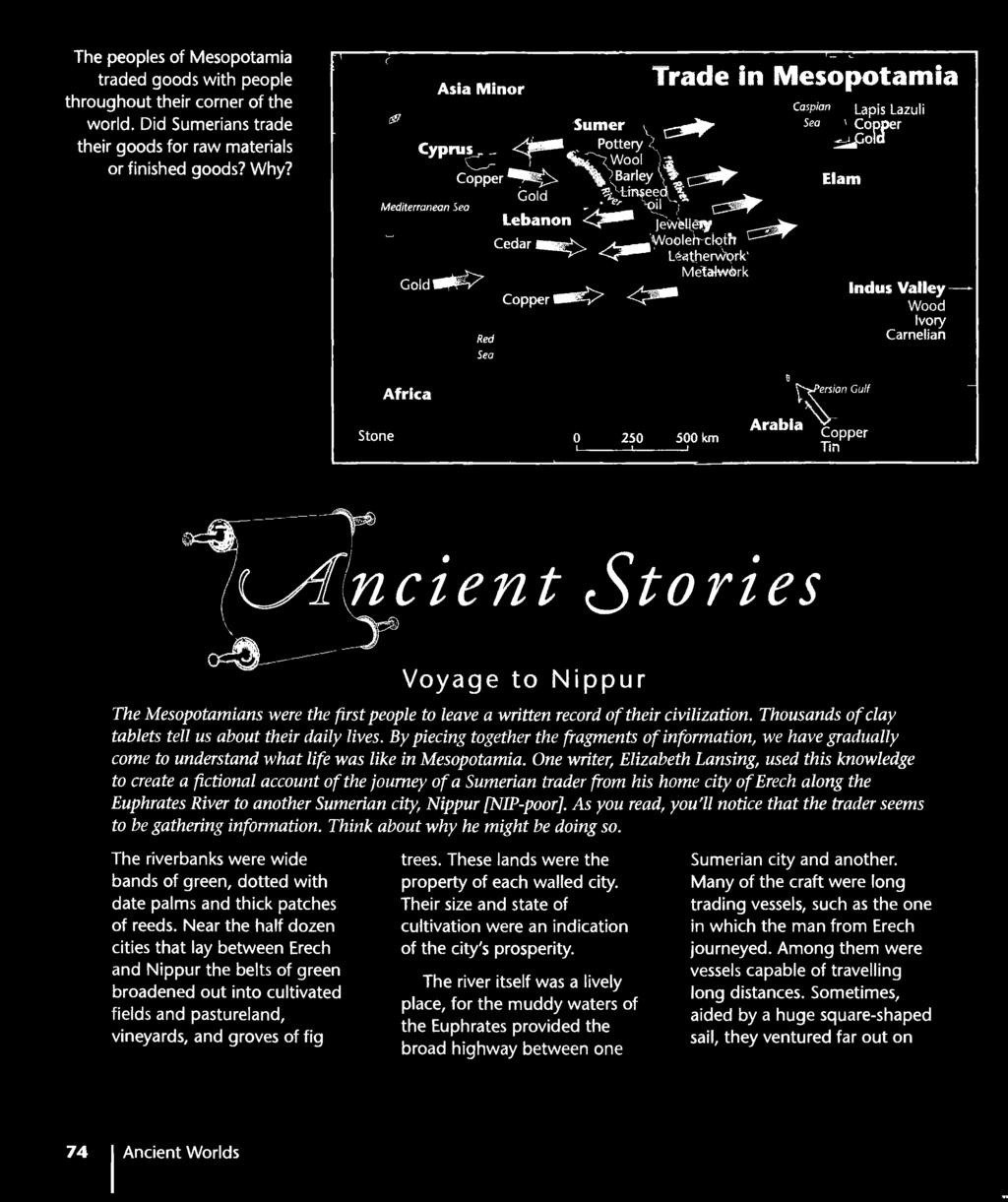 One writer, Elizabeth Lansing, used this knowledge to create a fictional account ofthe journey ofa Sumerian trader from his home city oferech along the Euphrates River to another Sumerian city,