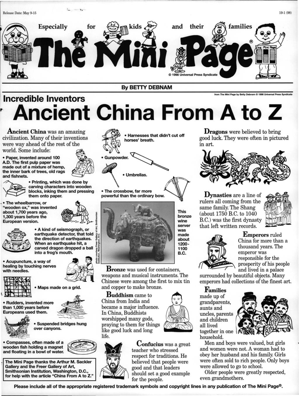 '- Especially 19-1 (98) for and their e By BETTY DEBNAM from The Mini Page by Betty Debnam e 1998 Universal Press Syndicate ncredible nventors Ancient China From A to Z.