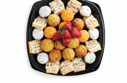 99 6 mini cinnamon rolls, 12 mini muffins (1 combo pack) with blueberry, lemon poppyseed, and orange, 9 apple strudel bites, 5 strawberries for garnish Tuscan Tray (serves up to 18)...16.