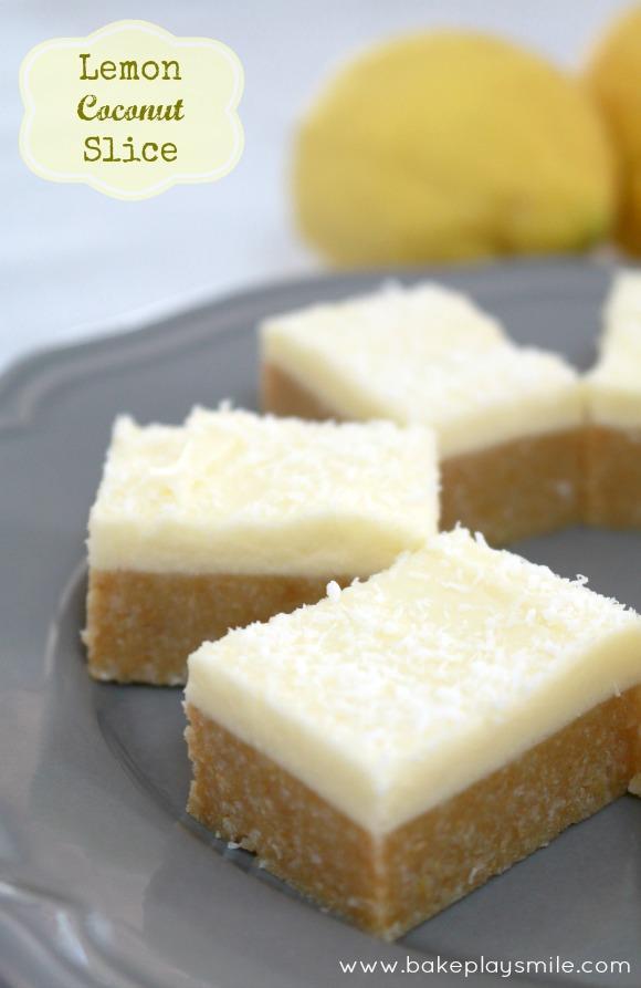 LEMON COCONUT SLICE Grease and line a 22X32cm rectangular baking tin with baking paper. Crush biscuits and place into a bowl. Add coconut and grated lemon rind. Mix to combine.