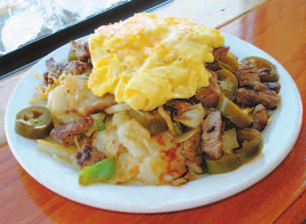 Breakfast served anytime Classic Omelettes Sirloin Steak & Eggs Omelettes are made with three fresh eggs, topped with shredded cheddar cheese and served with American fries or hash browns, toast and