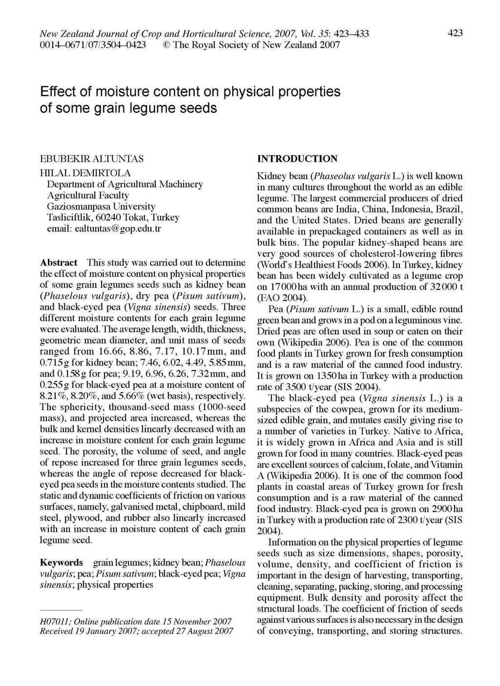 New Zealand Journal of Crop and Horticultural Science, 2007, Vol.