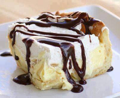 Chocolate Éclair Cake 1 cup water 1/2 cup butter 1 cup flour 4 large eggs 1 (8 ounce) package cream cheese, softened 1 large box (5.1 ounces) vanilla instant pudding 3 cups milk 1 8 oz.