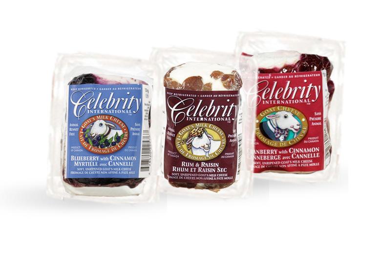 Celebrity Goat cheese is available in various flavors; Apple Cinnamon, Cranberry, Blueberry, Fig and Rum Raisin. Apple Cinnamon Blueberry Cranberry Fig Rum Raisin 12/4.5 oz 12/4.