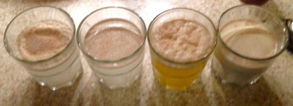Left to right, the glasses contain sugar, artificial sweetener, honey, and milk.