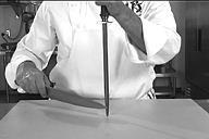 Pass the knife along the length of the steel, maintaining light pressure, and a constant 20 o angle. Continue in a smooth motion, using the entire length of the steel.