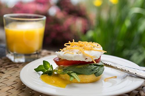 Breakfast is served on the patio by the waterfalls, and the afternoon Innkeepers Reception features a different dessert, appetizer and glass of wine daily.