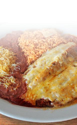 The Basics Whole beans or black beans may be substituted for refried beans. BURRITOS All burritos contain rice, beans and cheese and are topped with our house red sauce.