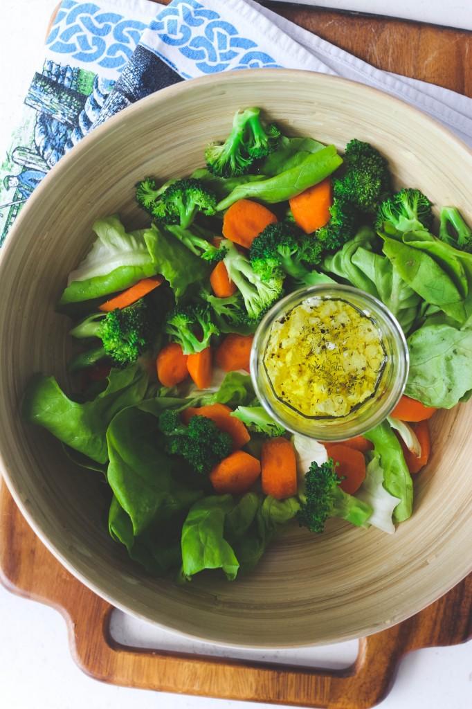 Steamed Veggie Salad with Creamy Feta Dressing salad ingredients: steamed and cooled carrots and broccoli butter head lettuce, or leaf