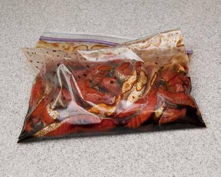 5 4 Those who have marinated fish, chicken, etc., will recognize this. Put all the strips of salmon in a ziplock bag and pour in the marinade. Seal the bag and set aside.