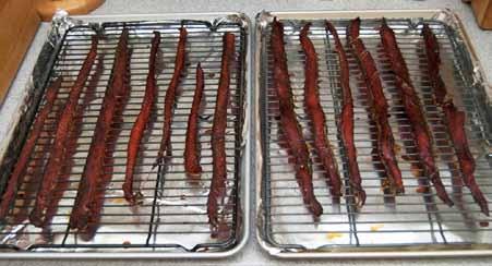 7 5 Here is the jerky, fresh from the oven. Allow to cool and then carefully remove the fish from the racks. Even though the racks are nonstick, the jerky will still stick. Parchment paper works best.