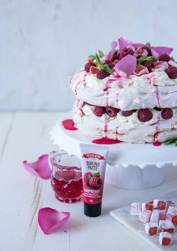 Raspberry & Rosewater Pavlova SERVES: 12 PREP: 30 MIN COOK: 1.75 HRS DIFFICULTY: MEDIUM Introducing Raspberry Rosewater Pavlova made with Queen Raspberry Baking Paste!