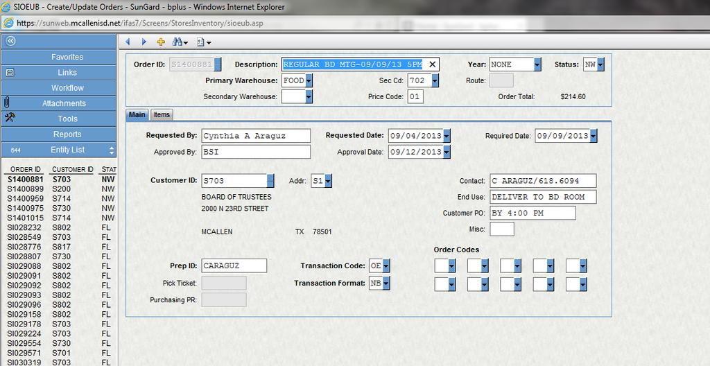 Required fields: Order ID Click on the ellipse button to access auto seed for the order number. Description Enter a general description for the entire order.