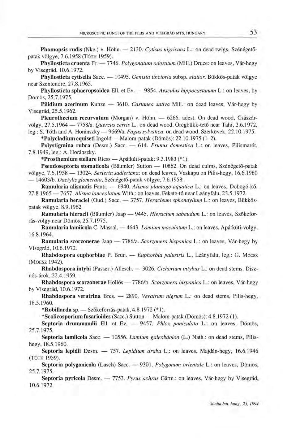 Phomopsis rudis (Nke.) v. Höhn. 2130. Cytisus nigricans L.: on dead twigs, Szénégetőpatak völgye, 7.6.1958 (TÓTH 1959). Phyllosticta cruenta Fr. 7746. Polygonatum odoratum (Mill.