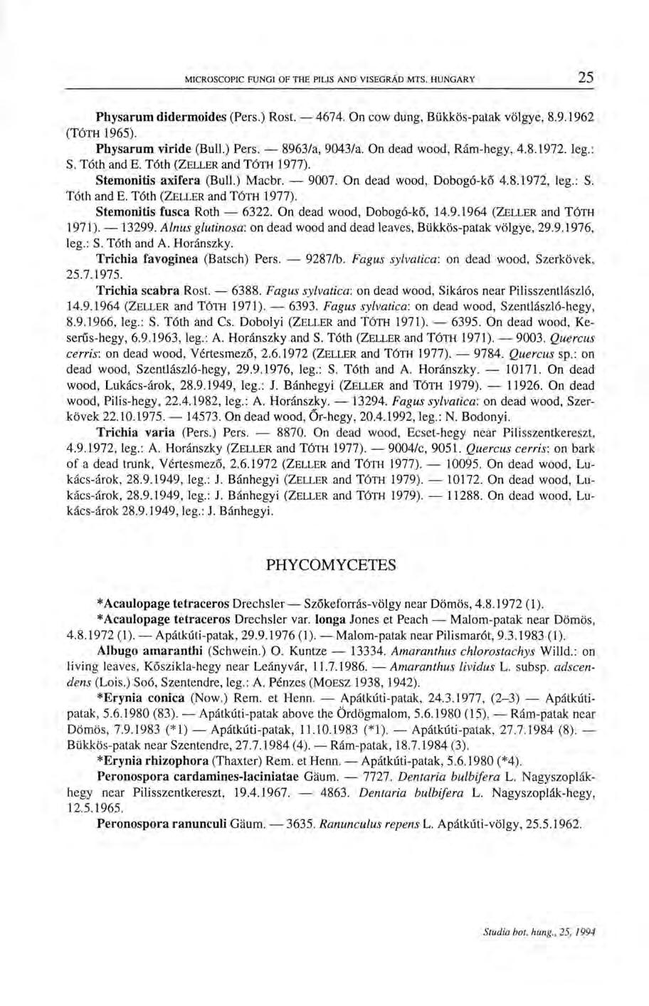 Physarum didermoides (Pers.) Rost. 4674. On cow dung, Bükkös-patak völgye, 8.9.1962 (TÓTH 1965). Physarum viride (Bull.) Pers. 8963/a, 9043/a. On dead wood, Rám-hegy, 4.8.1972. leg.: S. Tóth and E.