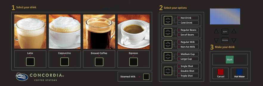Touch Pad Xpress 6 1 2 3 4 5 7 6 Touch Pad Xpress 0 1 3 4 5 7 6 Touch Pad Menu Options 1. SELECT YOUR DRINK These buttons determine the type of drink to be poured. LATTE Latte is poured.