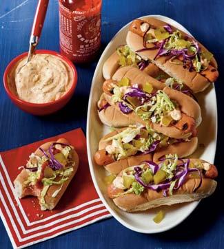 8 hot dogs Recipe 6 Dawg s Sweet Heat Hot Dogs Yield: 8 servings ¾ cup mayonnaise 1 tablespoon whole grain mustard 1 green onion, minced 2 tablespoons Asian sriracha hot chili sauce 8 hot dogs 8 hot