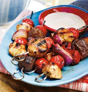 3 SMOKY STEAK BARBECUE KEBABS Yield: Makes 8 servings 2 pounds top sirloin steak, trimmed ½ large red onion, cut into fourths and separated into pieces 1 pt.